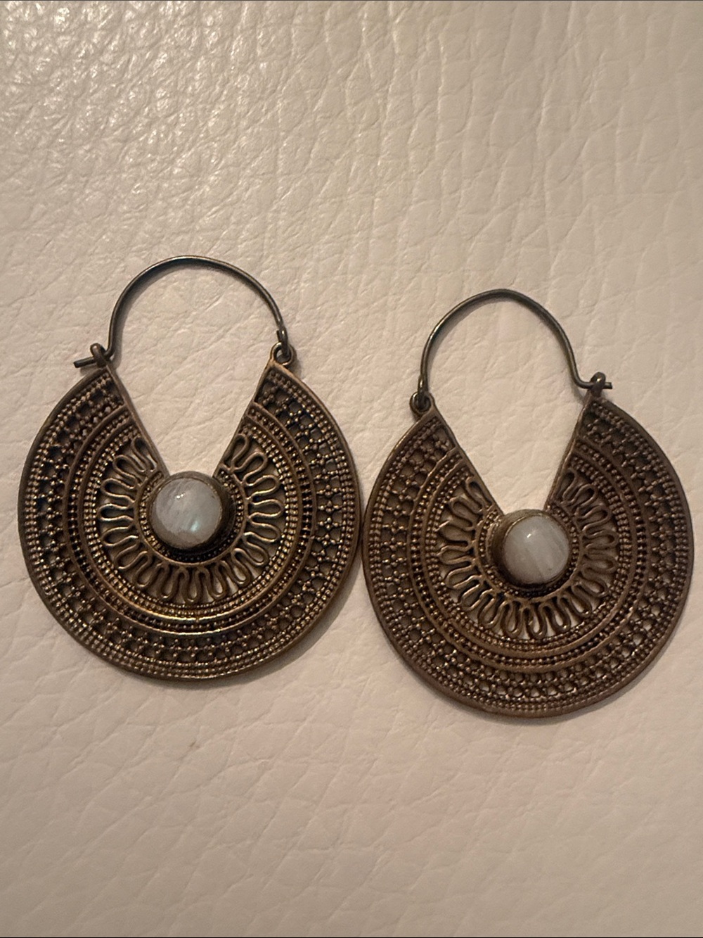 Boho Antique Gold Filigree Hoop Earrings with White Stone